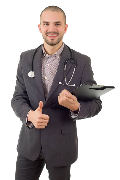 щасливий чоловік лікар йде великий палець вгору, ізольований на білому тлі
 - Фото, зображення