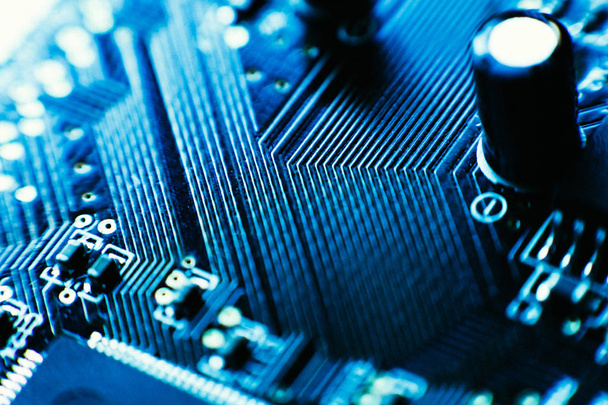 computer board capacitors blue color close-up - Fotó, kép