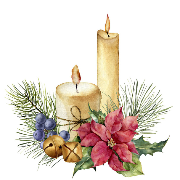 Ακουαρέλα Χριστουγεννιάτικα κεριά με διακόσμηση διακοπών. Ζωγραφισμένα στο χέρι floral σύνθεση με φύλλα, Αλεξανδρινό, κουδούνια, αρκεύθου που απομονώνονται σε λευκό φόντο. Βοτανική εικονογράφηση για το σχεδιασμό.  - Φωτογραφία, εικόνα