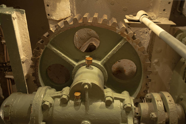Gearbox with large gear wheel engine room, inside on a submarine - Photo, Image