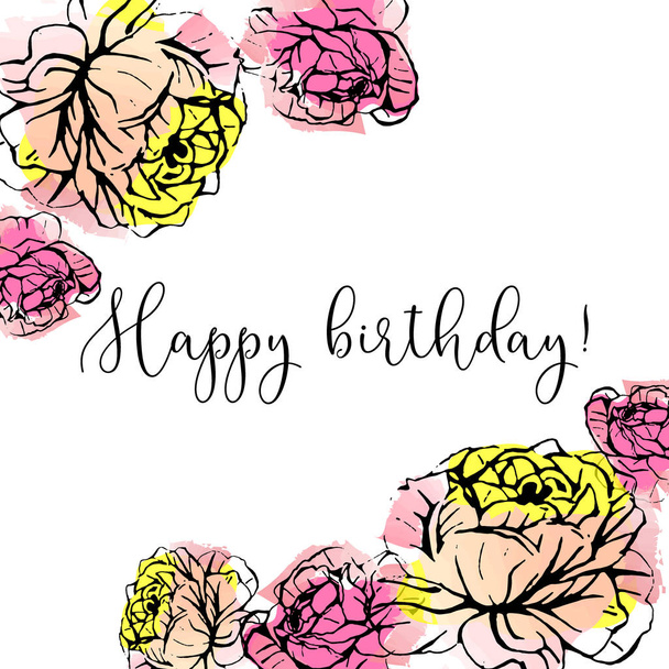 Happy birthday greeting card with hand drawn ink roses on watercolor background. - ベクター画像