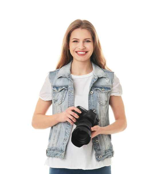 Female photographer with camera on white background - Foto, imagen