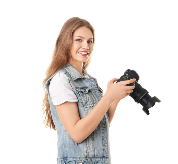 Female photographer with camera on white background - Фото, изображение