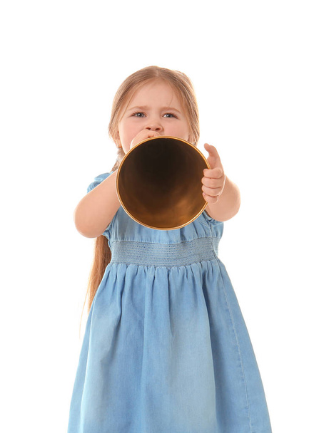 Adorable little girl with vintage megaphone on white background - Фото, зображення