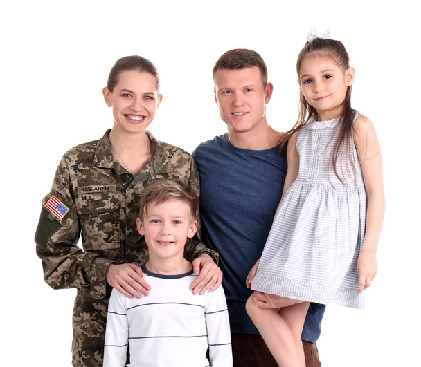 Female soldier with her family on white background. Military service - Foto, afbeelding