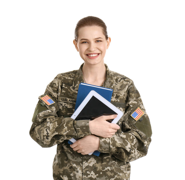 Female soldier with books and tablet computer on white background. Military service - Foto, afbeelding