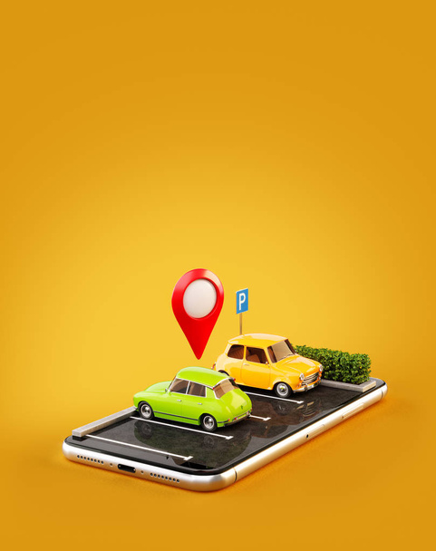 Unusual 3d illustration os smartphone application for online searching free parking place on the map. Parking and car sharing concept - Fotografie, Obrázek