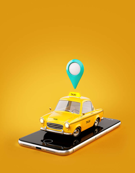 Smartphone application of taxi service for online searching calling and booking a cab. Unusual 3D illustration of taxi cab on smart phone. - Photo, image