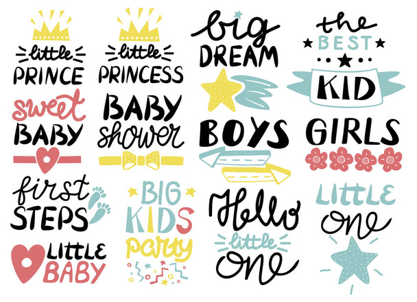 Coleção de 13 crianças logotipo com caligrafia Olá Pequeno, Primeiros Passos, Doce, Chuveiro de bebê, Grande sonho, Meninos, Meninas, O melhor filho, Príncipe, Princesas
 - Vetor, Imagem
