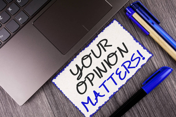 Word writing text Your Opinion Matters Motivational Call. Business concept for Client Feedback Reviews are important written on white Sticky Note Paper on the wooden background Laptop Markers - Photo, Image