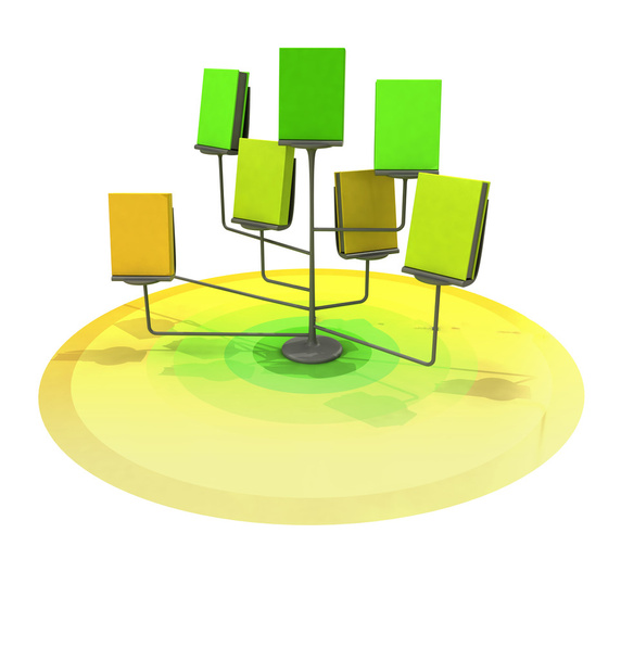 Staffelei mit mehreren gelben grünen Büchern auf Kreisplattform - Foto, Bild