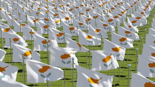 Viele zyprische Flaggen wehen im grünen Feld. dreidimensionale Darstellung 3D-Illustration. - Foto, Bild