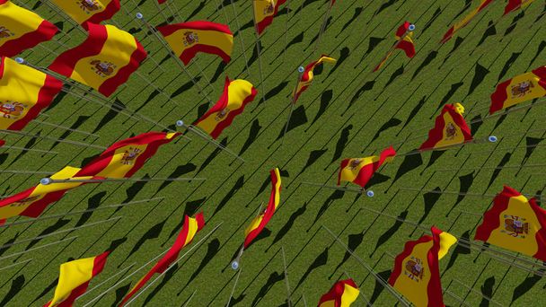 viele spanische Flaggen von oben auf der grünen Wiese bei sonnigem Wetter. dreidimensionale Darstellung 3D-Illustration. - Foto, Bild