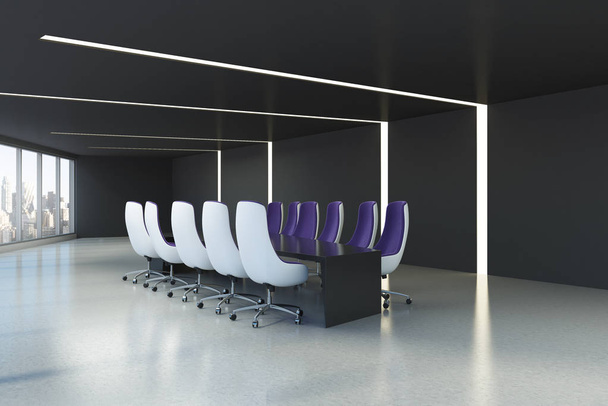 Zwarte vergaderzaal, paarse bureaustoelen - Foto, afbeelding