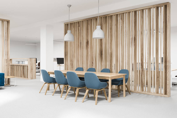 Wooden meeting room corner, blue chairs - Valokuva, kuva