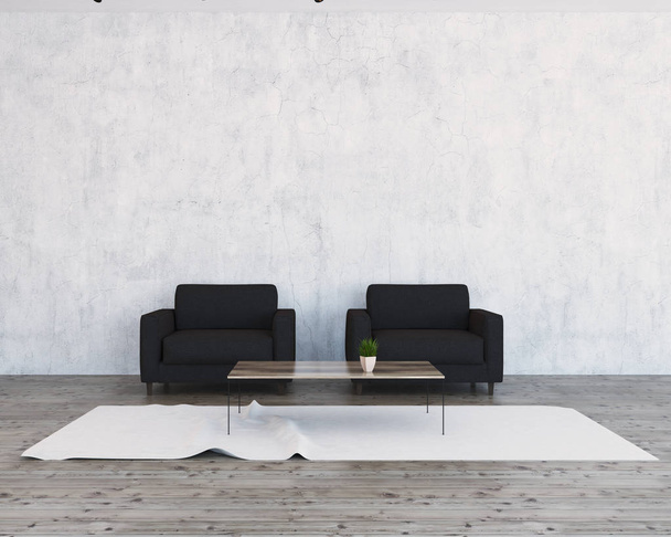 Concrete living room, black armchairs - Фото, изображение