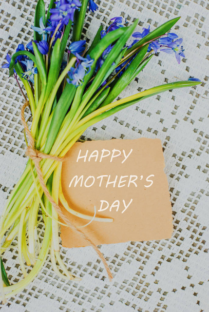 glückliche Muttertagstextzeichen auf stilvoller Bastel-Grußkarte und Scilla Siberica auf weißer rustikaler Tischdecke. - Foto, Bild