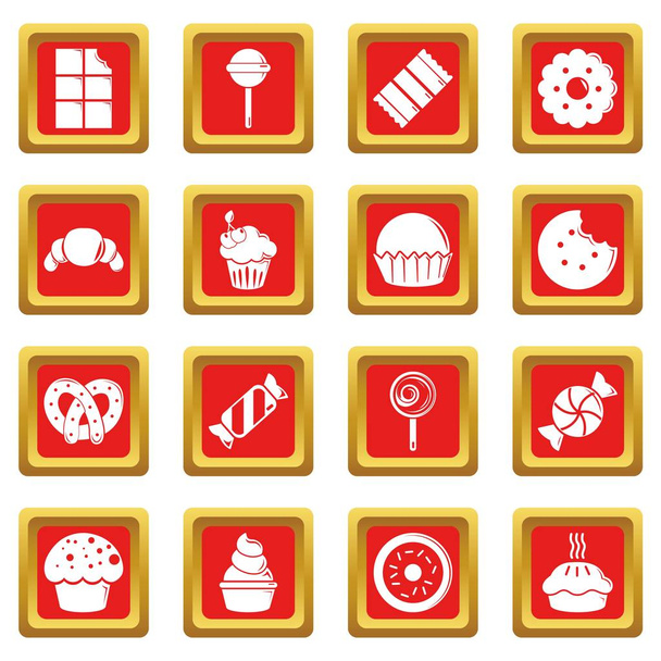 Sweets candy cakes icons set red square vector - Вектор,изображение
