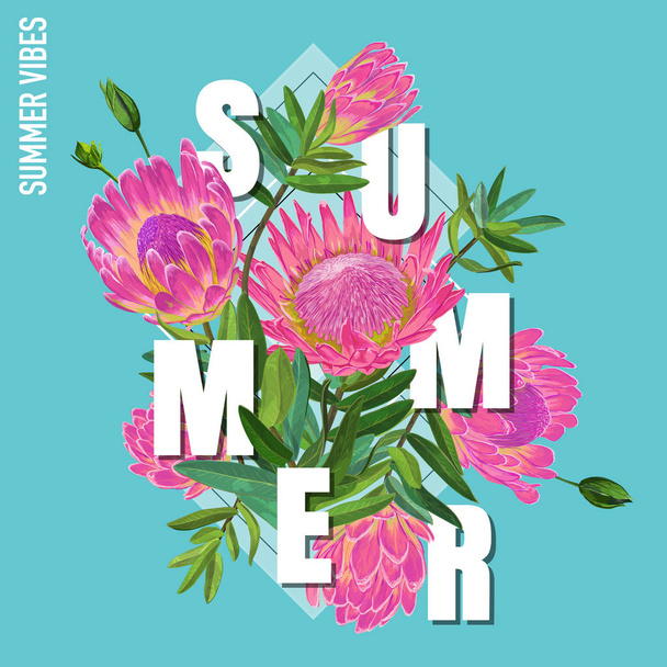 Hello Summer Botanical Tropical Design. Floral Vintage Background with Pink Protea Flowers for Prints, Posters, T-shirt, Flyer, Sale Banner. Vector illustration - Wektor, obraz