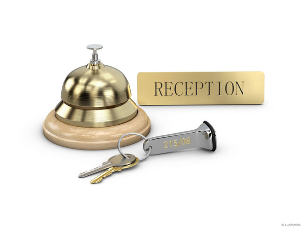 Llave del hotel y campana de recepción en recepción, 3d Illustartion
 - Foto, imagen