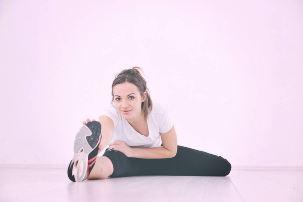 happy diet concept with young woman on pink scale at sport fitnes gym club - Fotografie, Obrázek