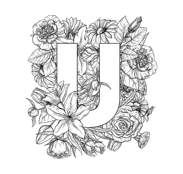 Vintage flower alphabet. Hand drawn vector illustration Isolated on white background. - Vettoriali, immagini