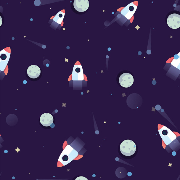 Pattern space rocket flying in cosmos space on background planets, meteorites and stars. Space ship in dark night cosmos seamless pattern. - Vektor, obrázek