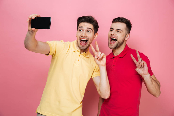 Portrait of a happy gay couple taking a selfie - Photo, image