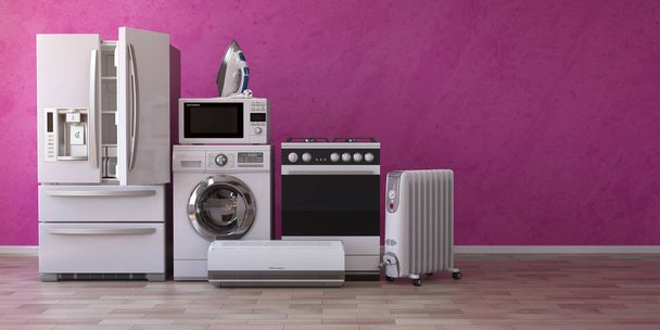 Set of household home appliancess on pink background. Kitchen te - Фото, зображення