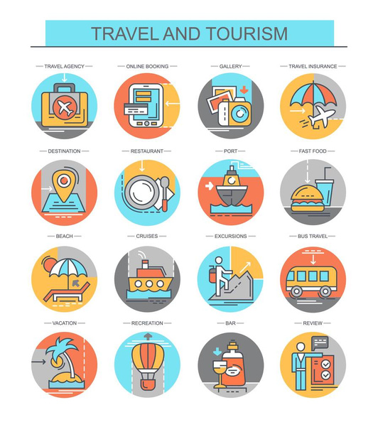 Viaggi e turismo. Set di icone piatte, vettoriali, lineari. Set contiene icone come spiaggia, porto, vacanza e altro
. - Vettoriali, immagini