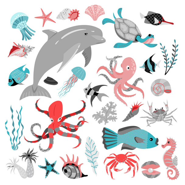 Conjunto de ilustrações vetoriais de peixes tropicais, animais, algas marinhas e corais. Vida marinha
.  - Vetor, Imagem
