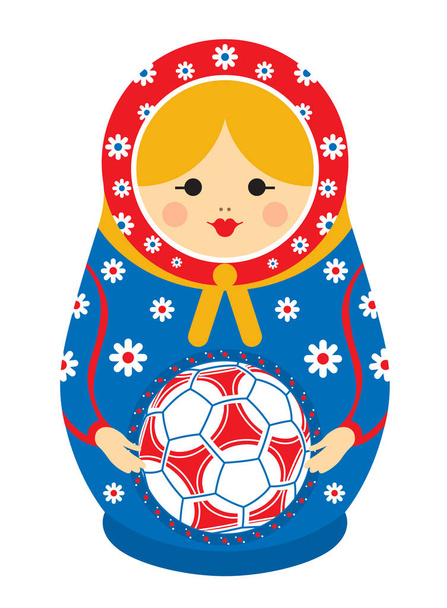 赤と青のサッカー ボールを手に持ったマトリョーシカの図面。マトリョーシカ人形とも呼ばれるロシアの入れ子人形はサイズを小さくの木の人形のセット配置別内の 1 つ - ベクター画像