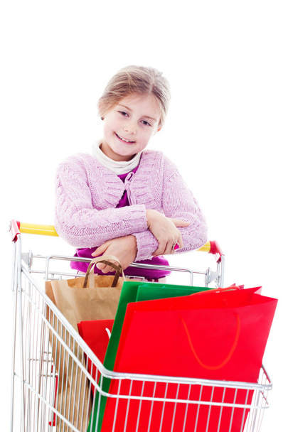 dziewczynka w zakupy z koszyka i kolorowe torby na zakupy - Zdjęcie, obraz