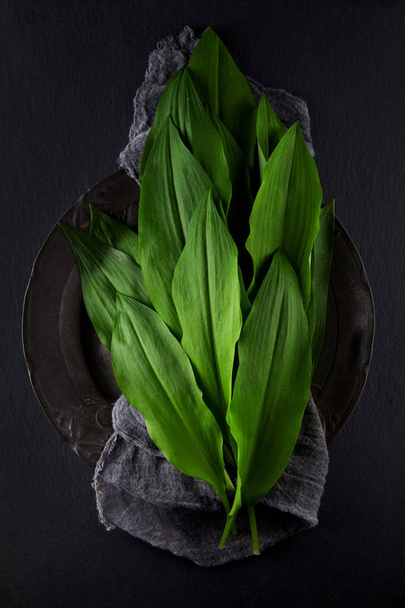 intensely fragrant fresh green wild garlic herbs decorated on rustic dark slate plate kitchen plate - Photo, Image