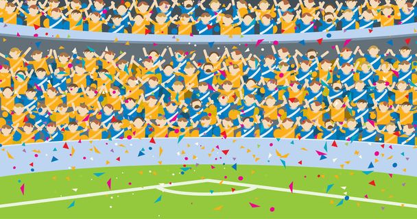 Háttérben az emberek Ugrás a lelátó stadion öltözve kék és sárga ingeket, konfetti esik a futballpályán. Vektoros illusztráció - Vektor, kép
