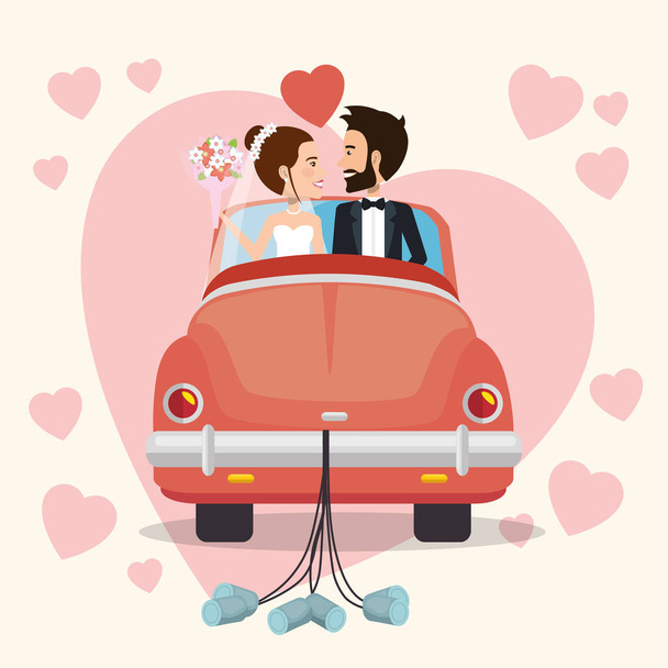 Μόλις παντρεμένο ζευγάρι με χαρακτήρες είδωλα αυτοκινήτου - Διάνυσμα, εικόνα