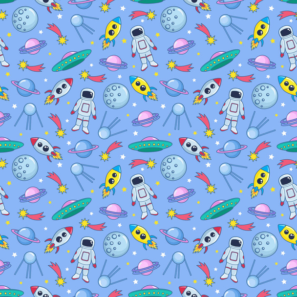 Cute seamless colorful pattern with space cosmonaut stars planets ufo rockets spaceships satellite and comet on blue background. Vector illustration for kids, wrapping paper, textile etc - Vector, Image