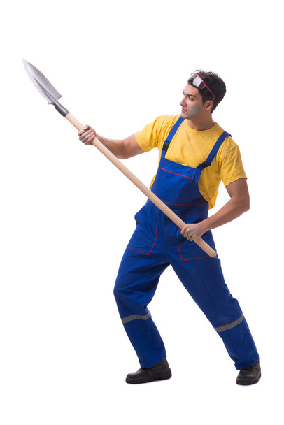 Contractor in blue coveralls with spade on white background - Fotoğraf, Görsel