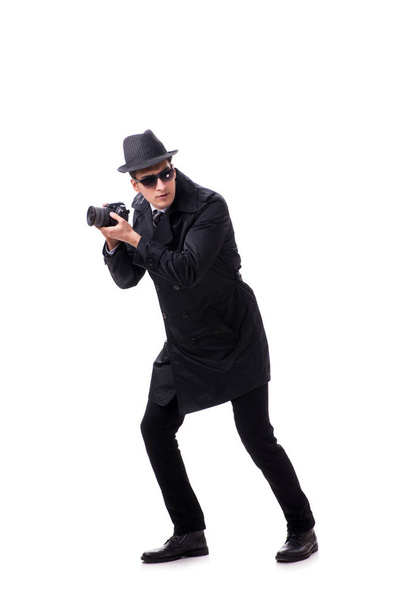 Spy με κάμερα λήψη φωτογραφιών που απομονώνονται σε λευκό - Φωτογραφία, εικόνα