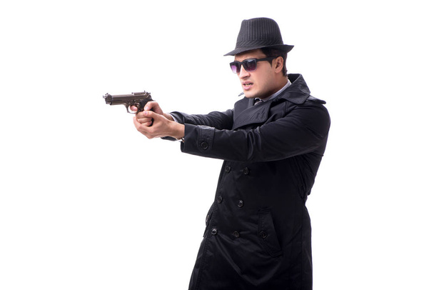 Man spion met pistool geïsoleerd op witte achtergrond - Foto, afbeelding