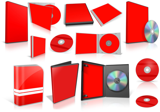 Discos e caixas multimédia vermelhos sobre branco
 - Foto, Imagem