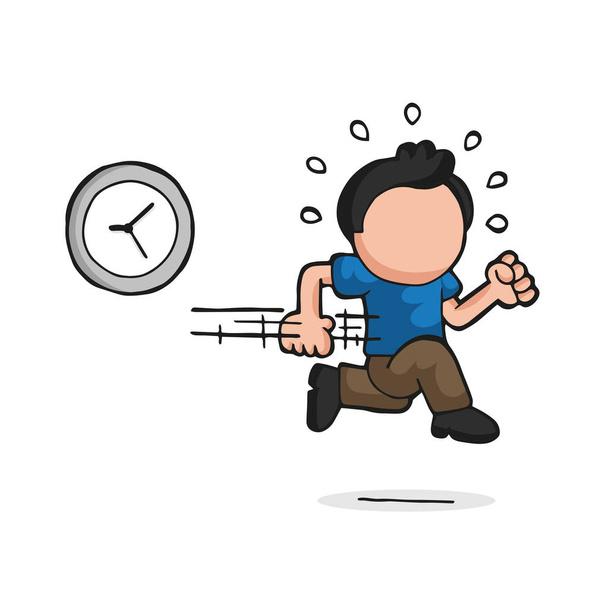 Vector hand-drawn cartoon of man running late with clock - Vektor, kép