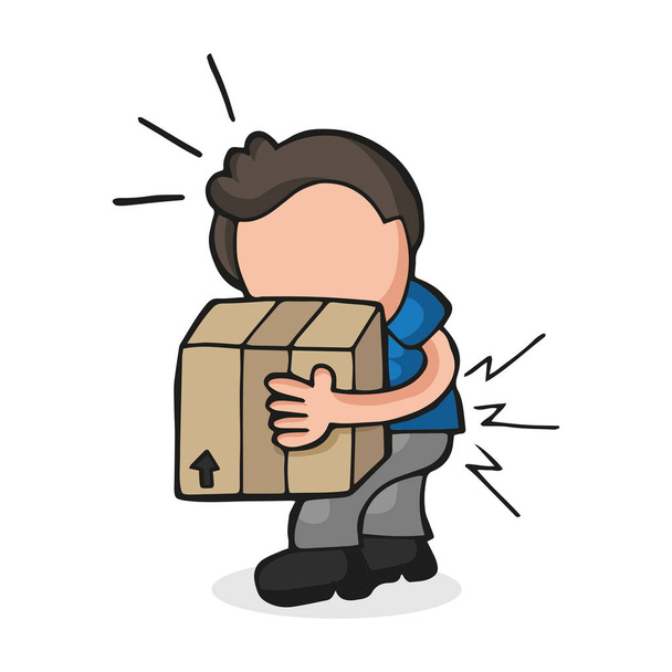 Vektor-handgezeichnete Karikatur eines Mannes, der schwere Kiste trägt und  - Vektor, Bild