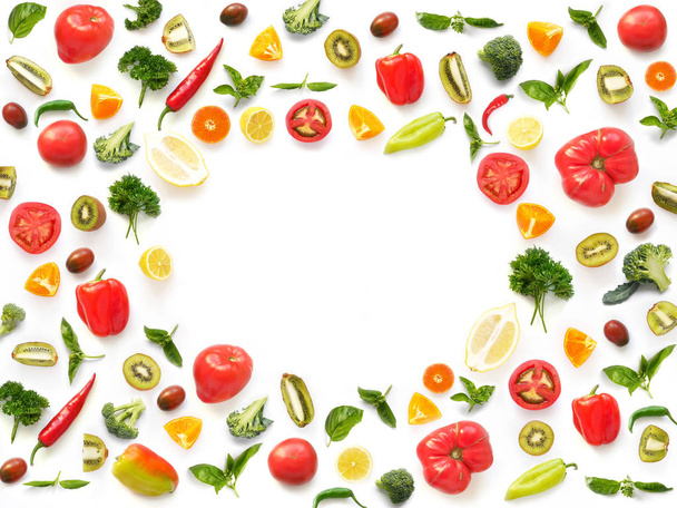 close-up photo of fresh fruits and vegetables set frame on white table background - Fotoğraf, Görsel