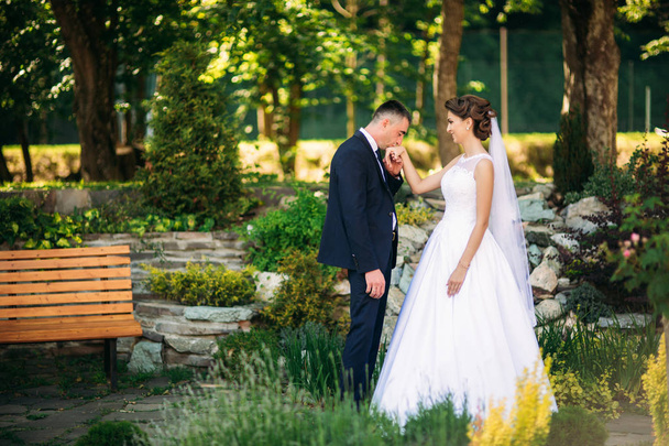 Genç çift, gelin ve damat yürüyüş ve onların düğün günü zevk. Güneş ışığı. Yaz - Fotoğraf, Görsel