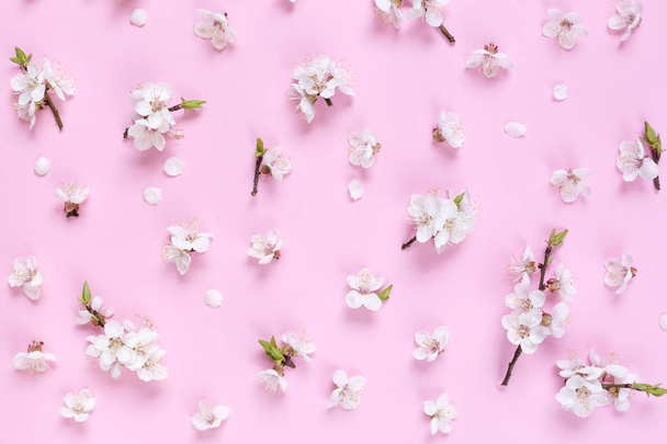 Μοτίβο φτιαγμένο από λευκό ανοιξιάτικα λουλούδια σε ροζ φόντο. Σύνθεση των λουλουδιών. Κορυφαία θέα, χώρο για το αντίγραφο, τετράγωνο, Πλατύ lay.  - Φωτογραφία, εικόνα