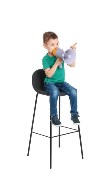Adorable little boy with megaphone on white background - Foto, Imagen
