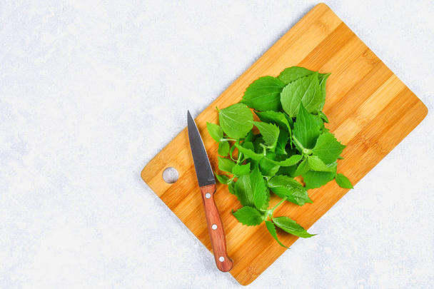 Hojas de ortiga verde fresca en una tabla de madera de corte con un cuchillo en una mesa de hormigón gris. Vista superior
. - Foto, imagen