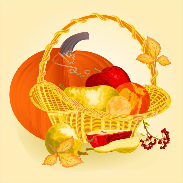 Früchte in einem Korb gesunde Ernährung Erntedankfest Jahrgangsvektor Illustration editierbare Handzeichnung  - Vektor, Bild