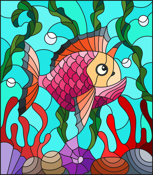 Εικονογράφηση στο λεκιασμένο γυαλί στυλ με αφηρημένα πολύχρωμα εξωτικά ψάρια ανάμεσα στα φύκια, κοράλλια και κοχύλια - Διάνυσμα, εικόνα